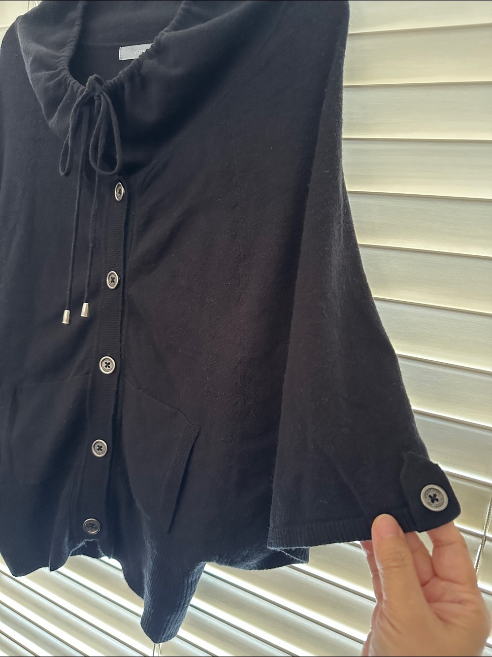 Vertigo Black Button-Front Cape Sweater Cardigan Stand Collar with Drawstrings M